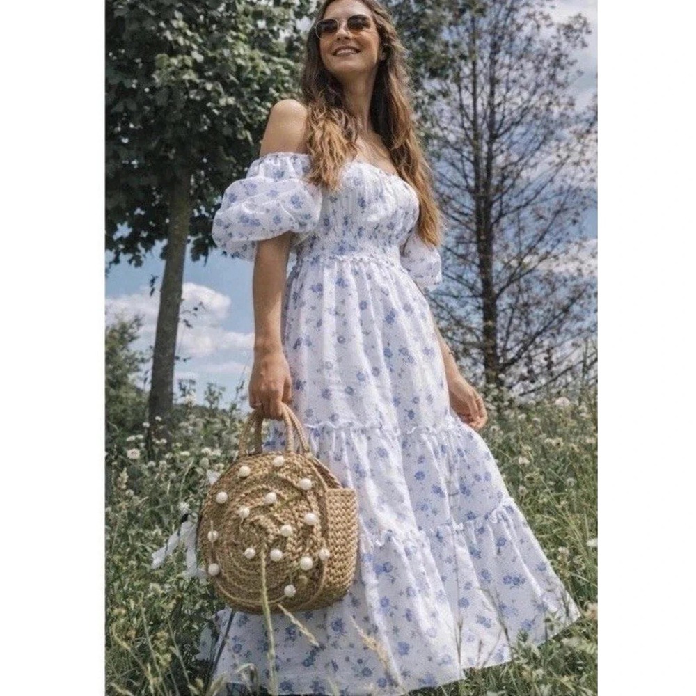 LoveShackFancy Target Floral Smocked Tiered Maxi Dress White Purple Blue Small